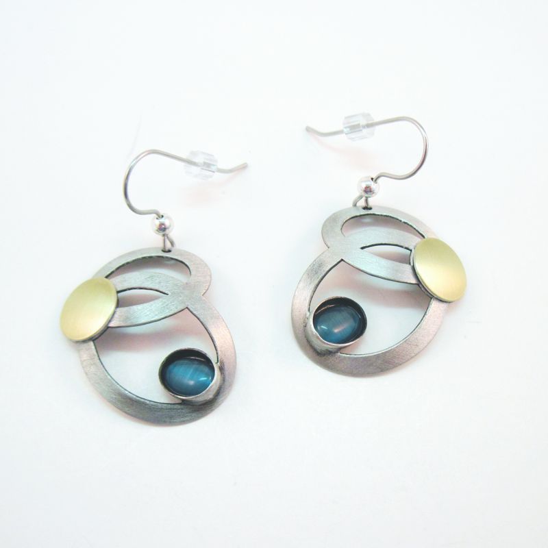 Brushed Two-tone Double Circle Earrings w/Blue Catsite - Click Image to Close